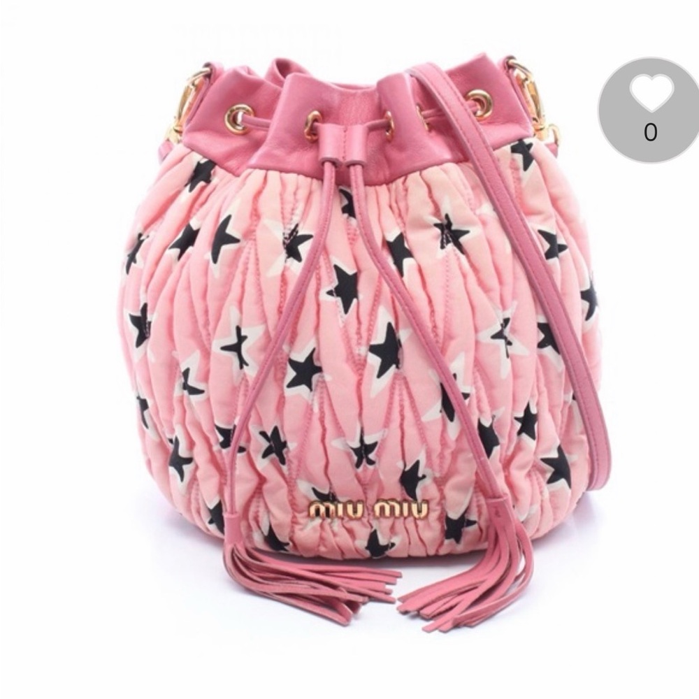 Miu Miu Pink Star-Print Drawstring Bucket Bag with Tassels